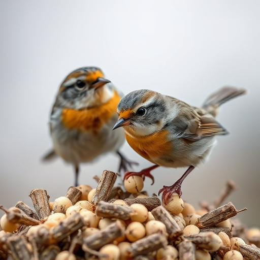 Close-up of seeds attracting small robins