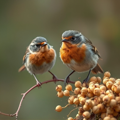 Close-up of seeds attracting small robins