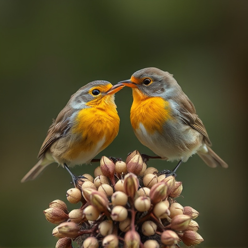 Close-up of seeds attracting small robins