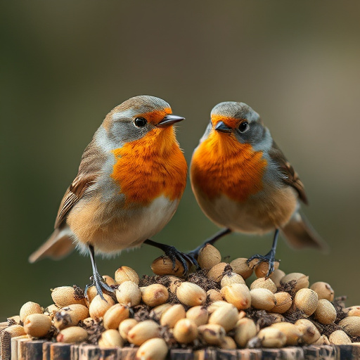 Close-up of seeds attracting small robins