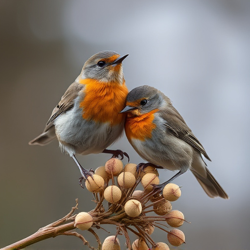 Close-up of seeds attracting small robins