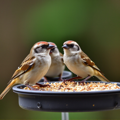 Close-up of sparrows at ground feeder