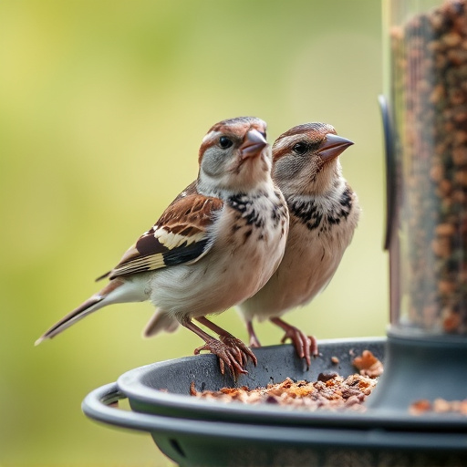 Close-up of sparrows at ground feeder