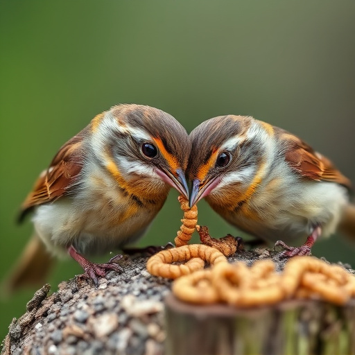 Close-up of wrens eating dried mealworms