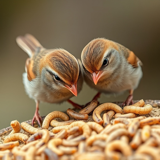 Close-up of wrens eating dried mealworms