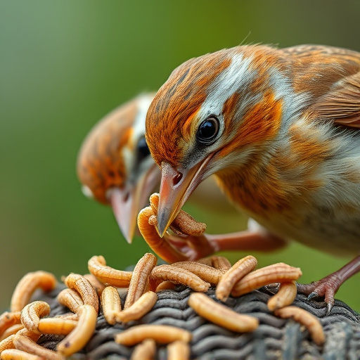 Close-up of wrens eating dried mealworms