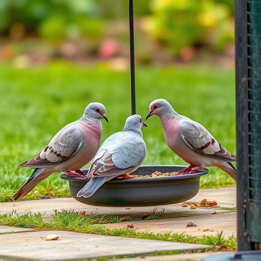 Collared doves eating from patio ground feeder