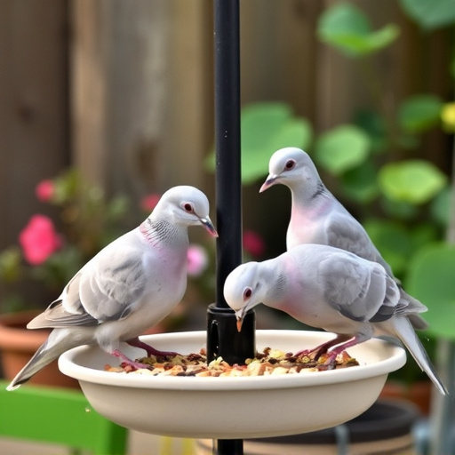 Collared doves eating from patio ground feeder