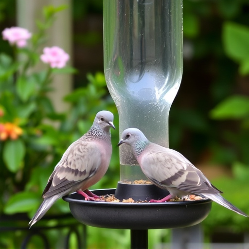 Collared doves eating from patio ground feeder
