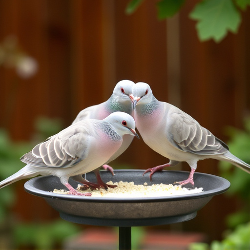 Collared doves eating from patio ground feeder