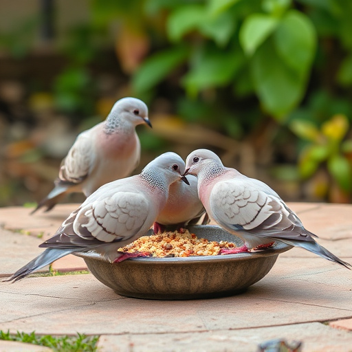 Collared doves eating from patio ground feeder