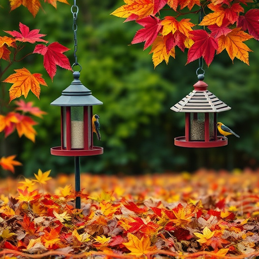 Colorful autumn leaves and feeders