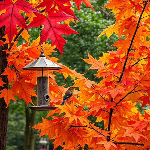 Colorful autumn leaves and feeders