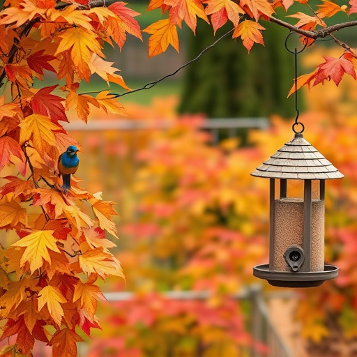 Colorful autumn leaves and feeders