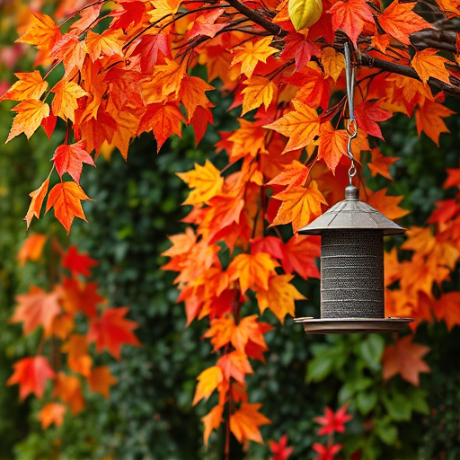 Colorful autumn leaves and feeders