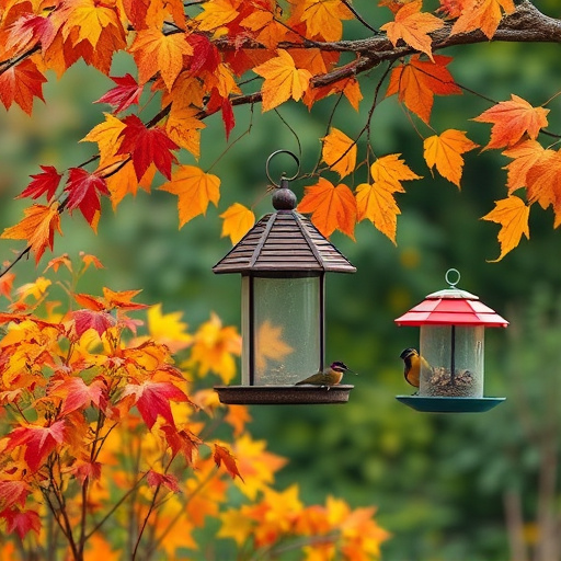 Colorful autumn leaves and feeders