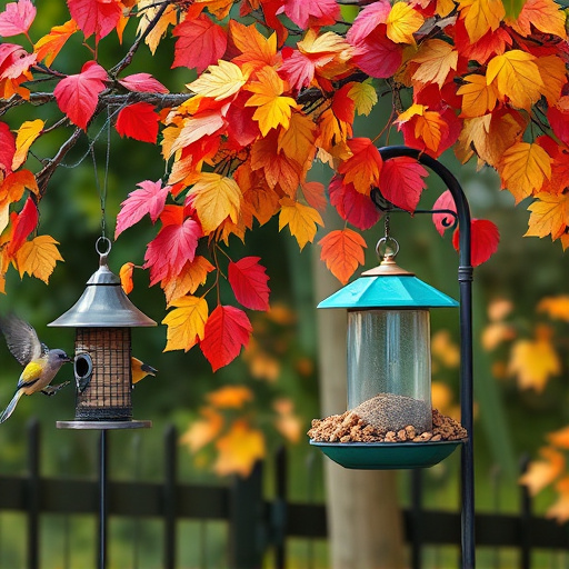 Colorful autumn leaves and feeders