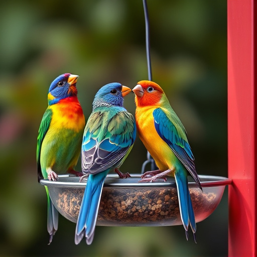 Colorful birds on hanging feeders