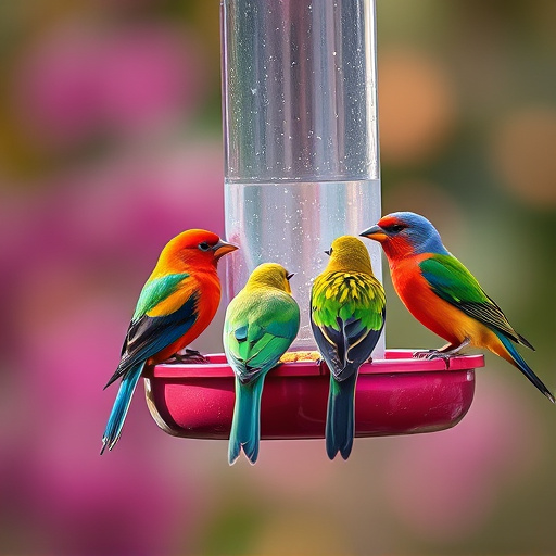 Colorful birds on hanging feeders