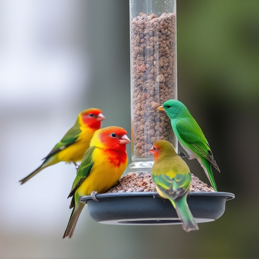 Colorful birds on hanging feeders