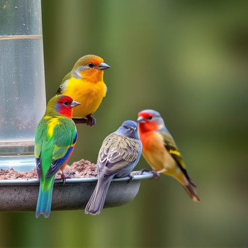 Colorful birds on hanging feeders