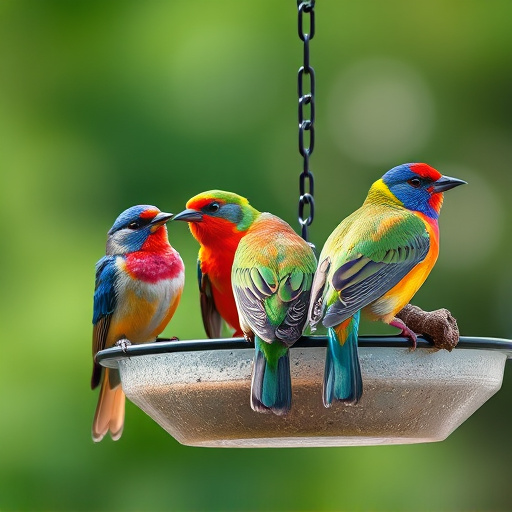 Colorful birds on hanging feeders