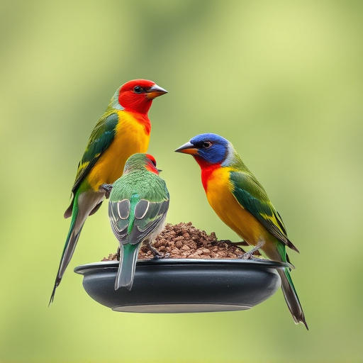 Colorful birds on hanging feeders