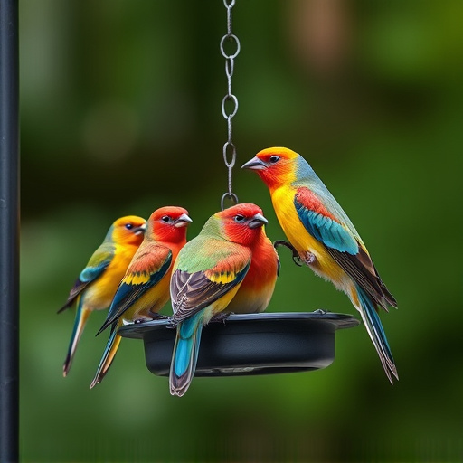 Colorful birds on hanging feeders