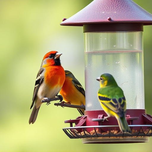 Colorful birds on hanging feeders