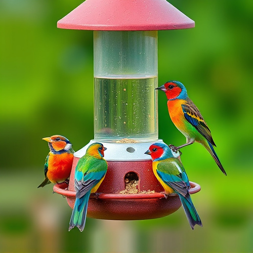 Colorful birds on hanging feeders