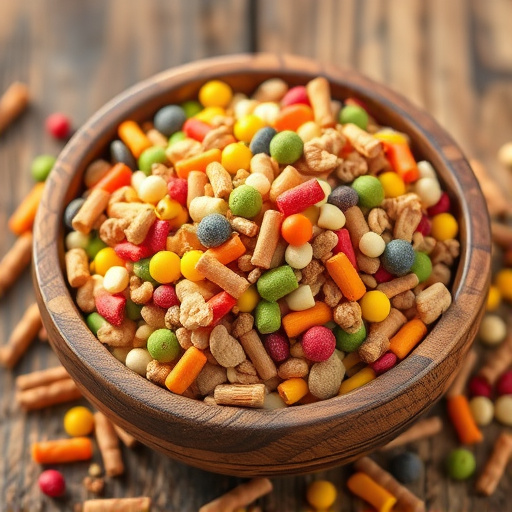 Colourful bird food mix in wooden bowl