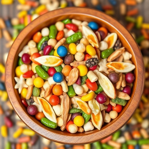 Colourful bird food mix in wooden bowl
