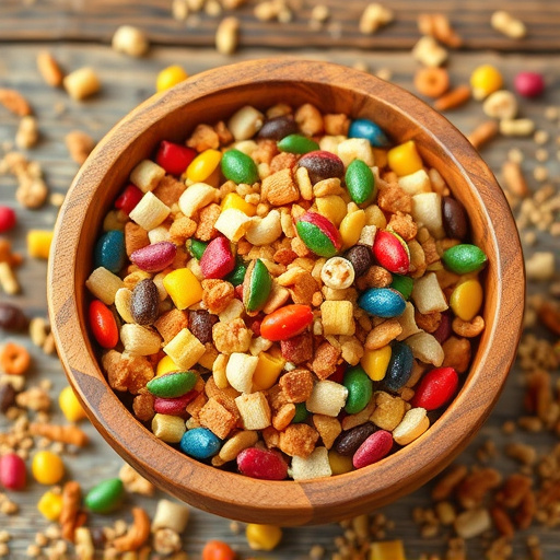 Colourful bird food mix in wooden bowl