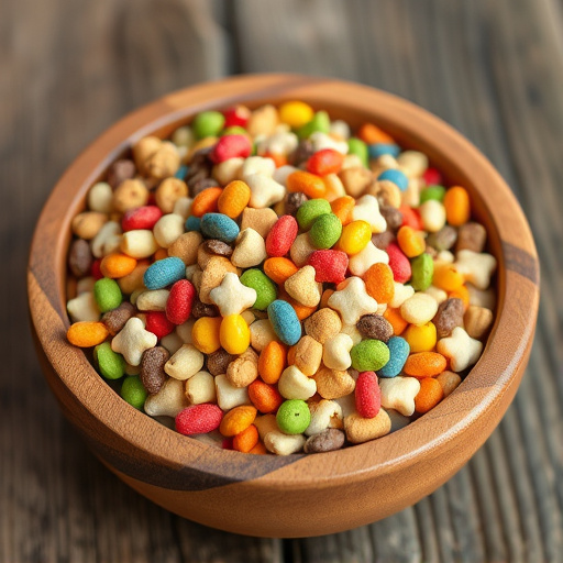 Colourful bird food mix in wooden bowl