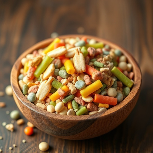 Colourful bird food mix in wooden bowl
