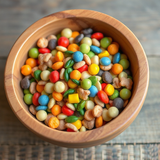 Colourful bird food mix in wooden bowl