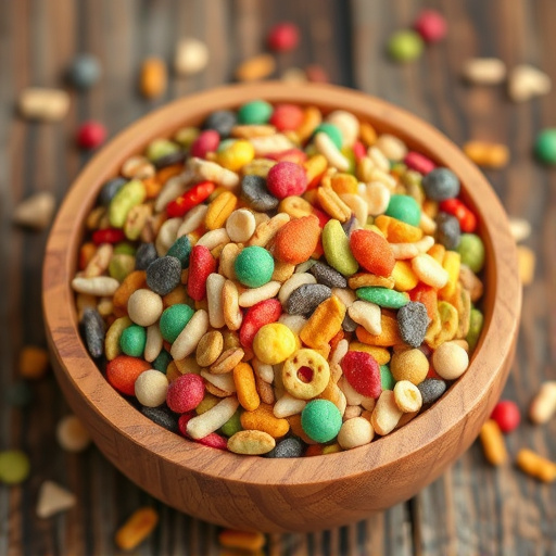 Colourful bird food mix in wooden bowl