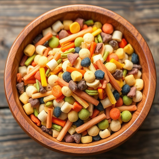 Colourful bird food mix in wooden bowl