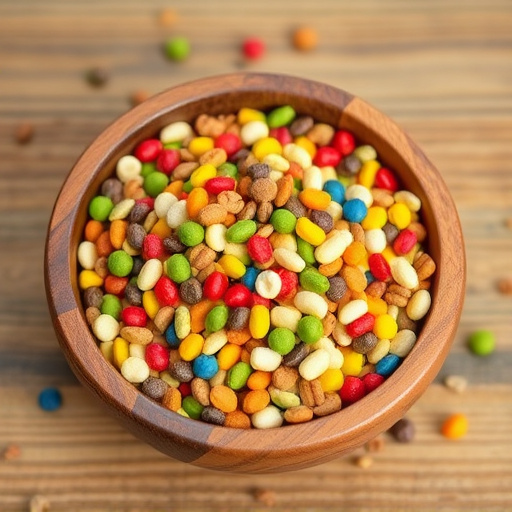 Colourful bird food mix in wooden bowl