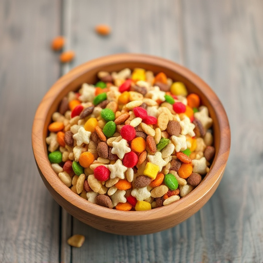 Colourful bird food mix in wooden bowl