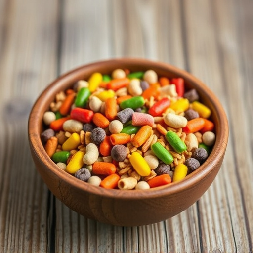 Colourful bird food mix in wooden bowl