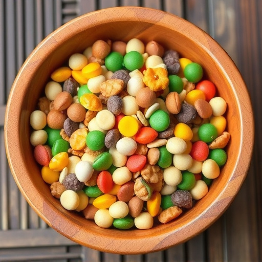 Colourful bird food mix in wooden bowl