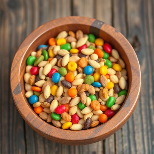 Colourful bird food mix in wooden bowl