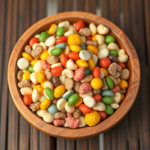 Colourful bird food mix in wooden bowl