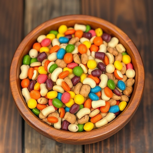 Colourful bird food mix in wooden bowl