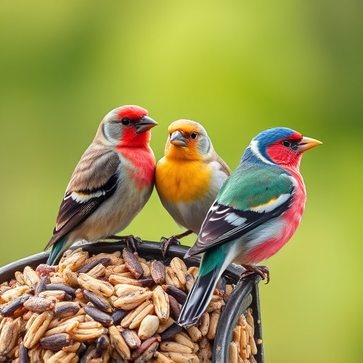 Colourful finches perched near seed mix