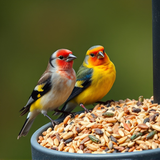 Colourful finches perched near seed mix