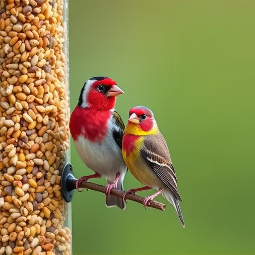 Colourful finches perched near seed mix