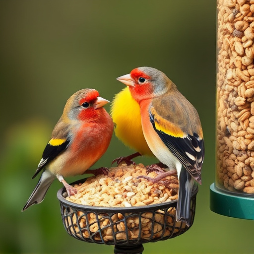 Colourful finches perched near seed mix