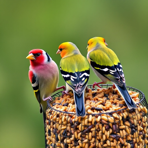 Colourful finches perched near seed mix